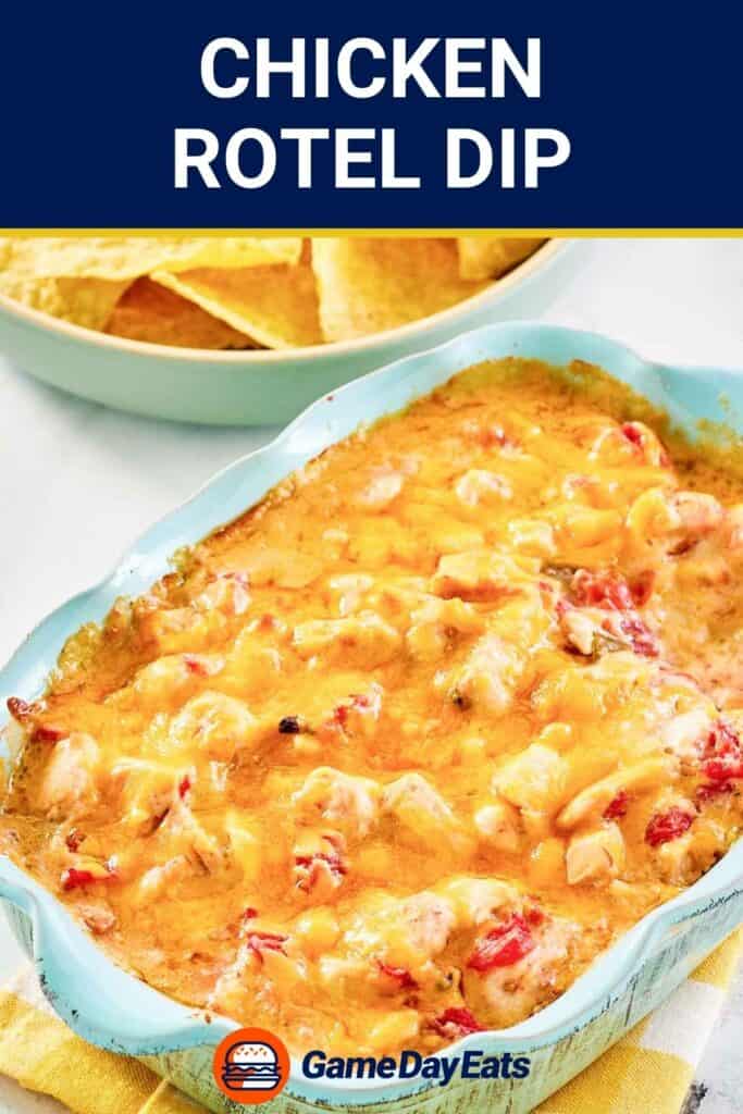 Baked chicken rotel dip next to a bowl of tortilla chips.