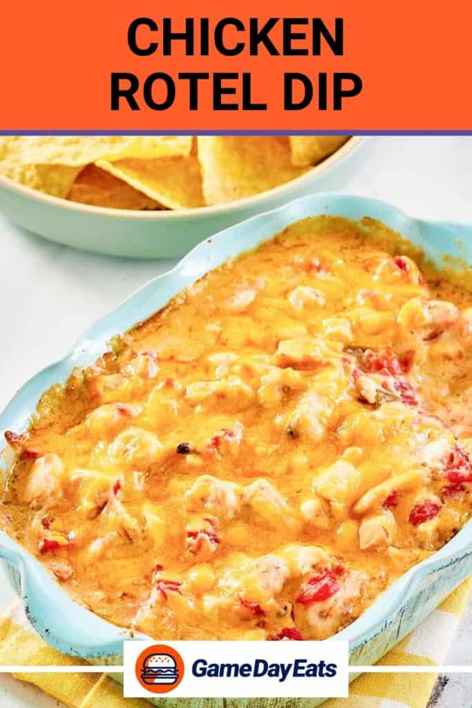 Baked chicken rotel dip in a blue dish.