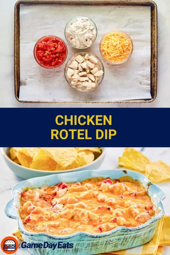 Chicken rotel dip ingredients and the finished dish.