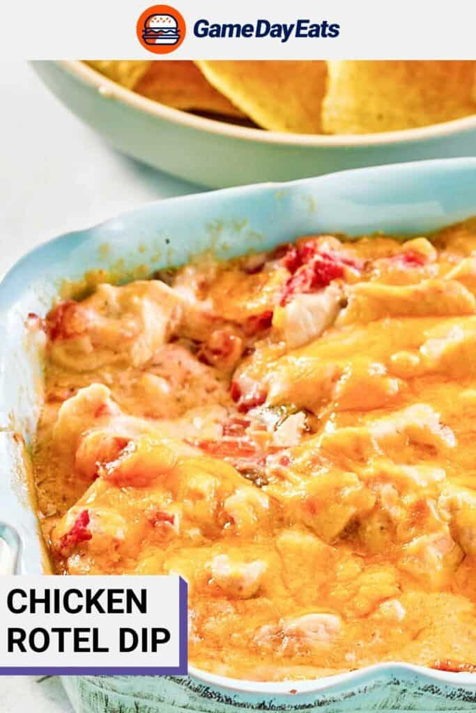 Closeup of chicken rotel dip in a blue baking dish.