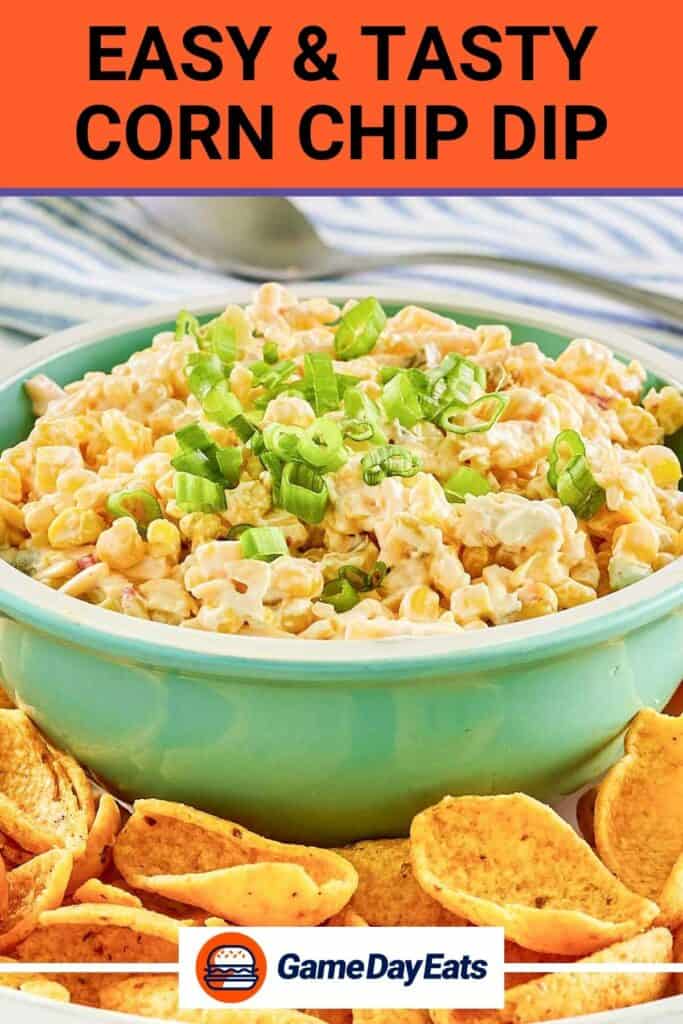 Corn chip dip in a green bowl and corn chips in front of it.