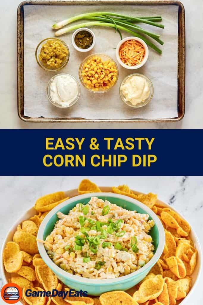 Corn chip dip ingredients and the finished dip with corn chips on a platter.
