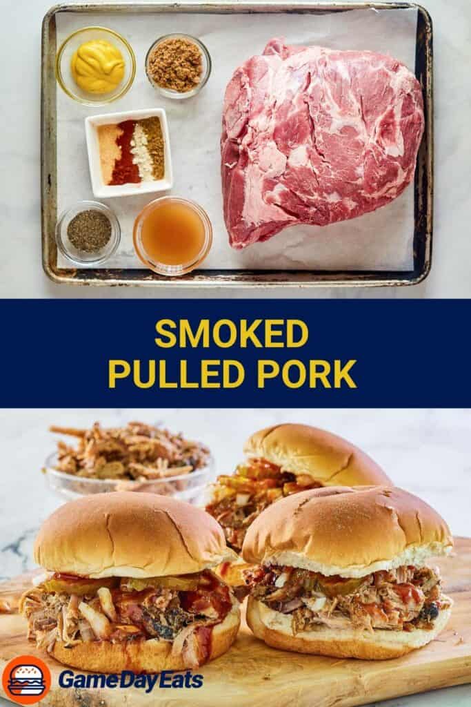 Smoked pulled pork ingredients and the finished pork in sandwiches.