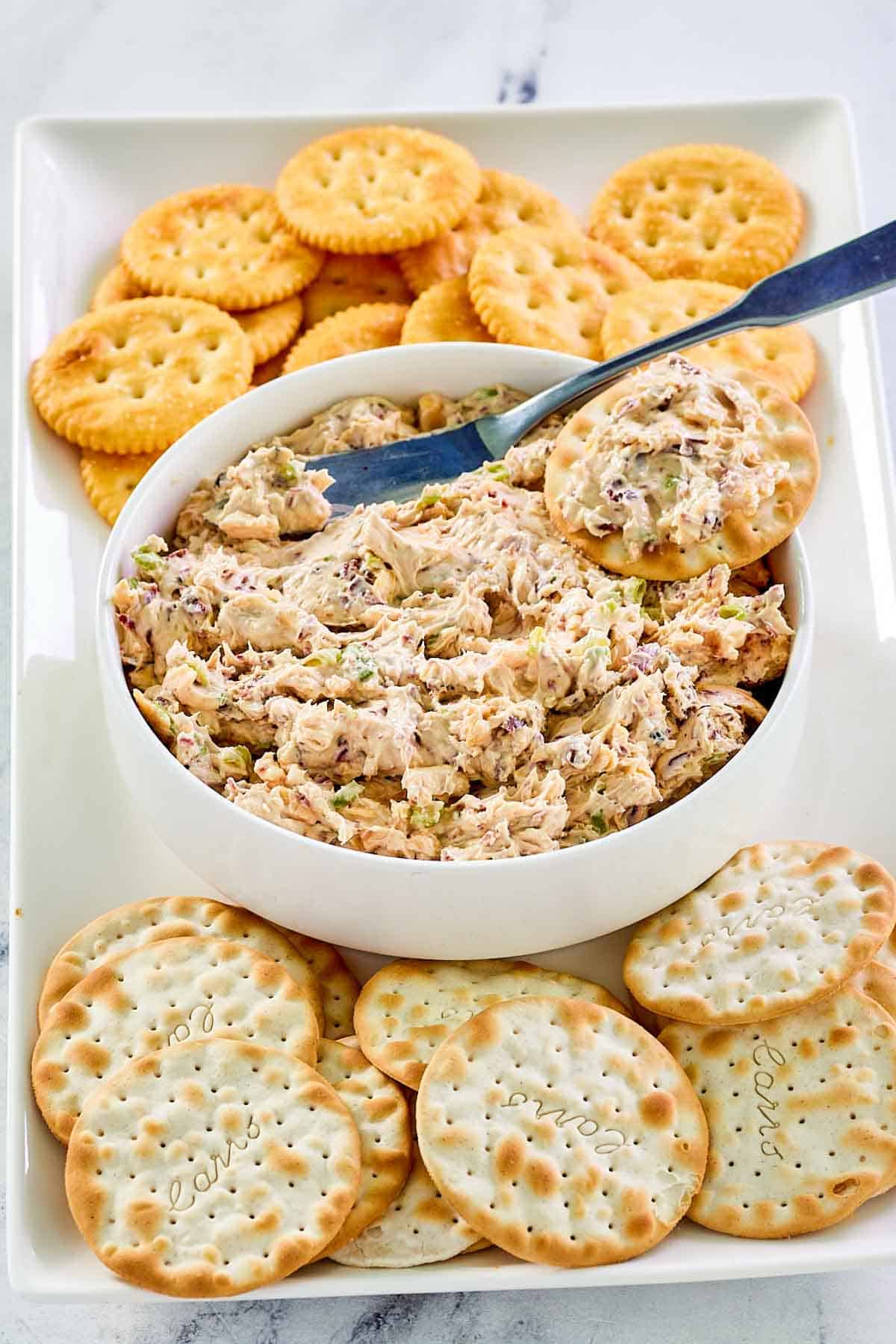 Beef jerky dip in a bowl and crackers on a platter.