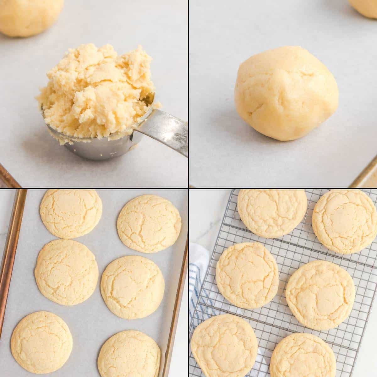 Collage of baking and cooling cookie dough cookies.