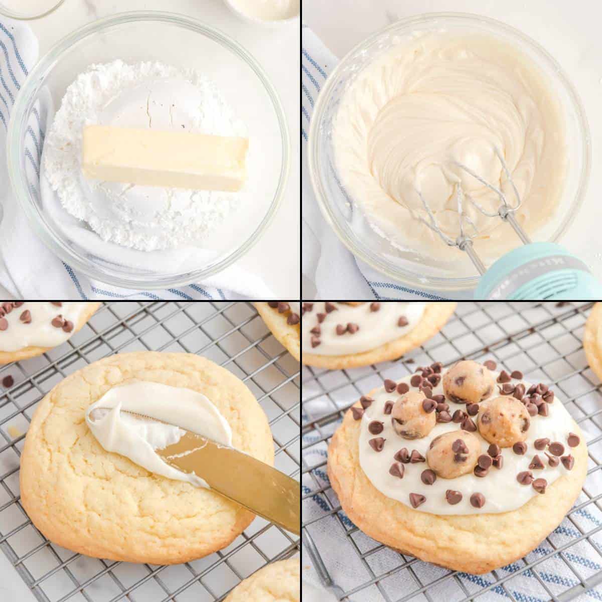 Collage of making frosting for cookie dough cookies.