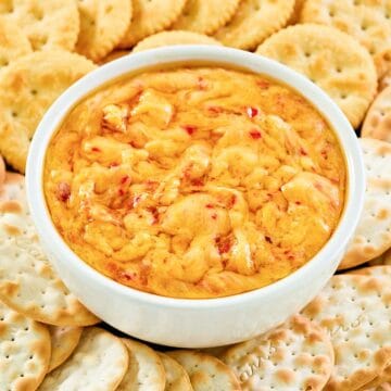 Hot pimento cheese dip and crackers.