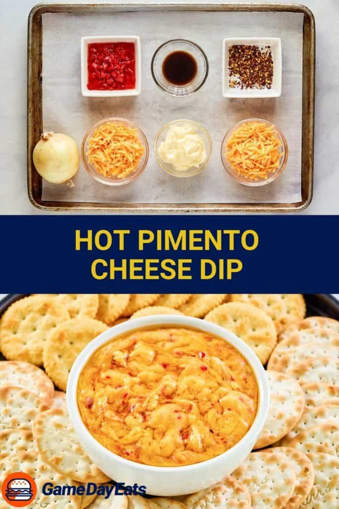 Hot pimento cheese dip ingredients and the finished dip with crackers.