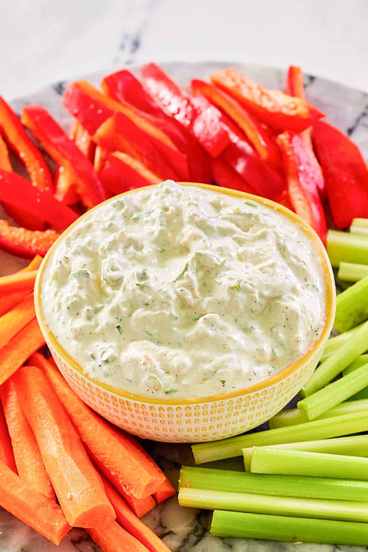 Homemade green onion dip and fresh vegetables on a platter.