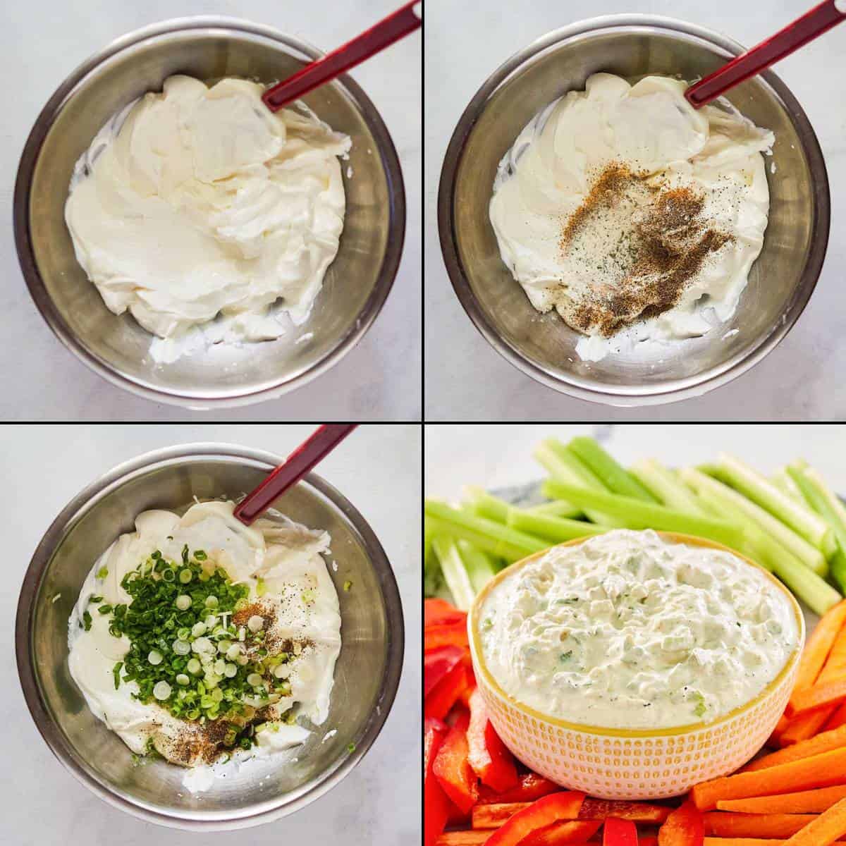 Collage of making green onion dip.