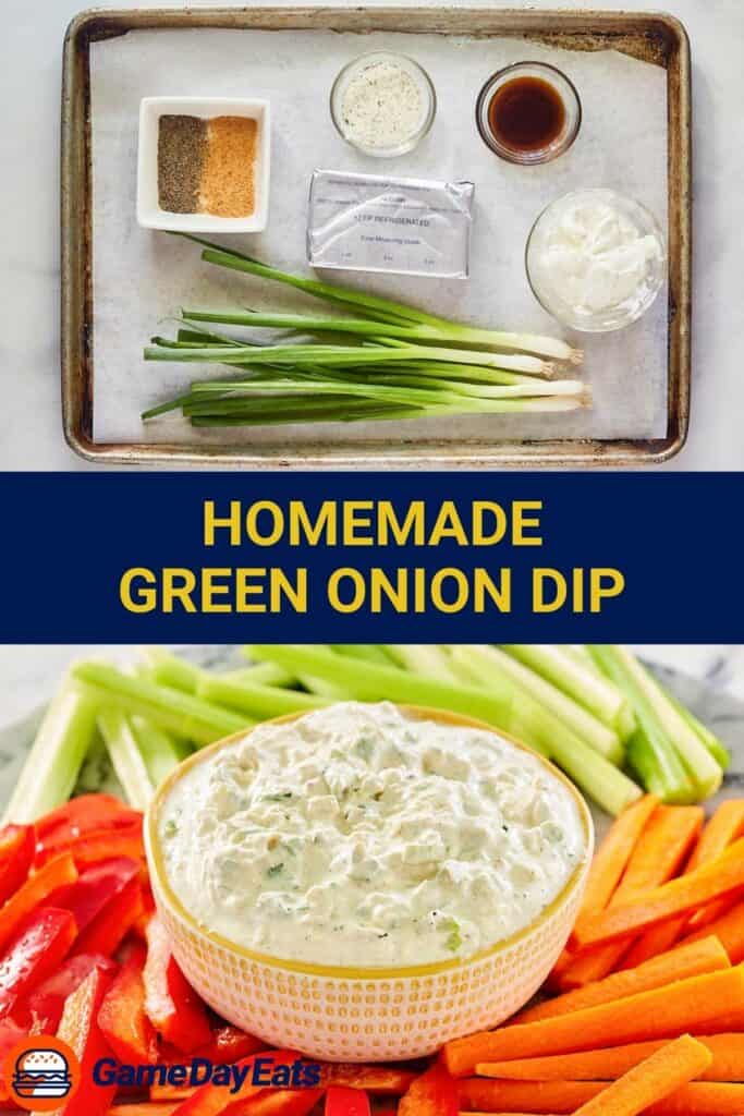 Green onion dip ingredients and the finished dip with veggies.