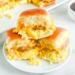 Hawaiian roll breakfast sliders with sausage, egg, and cheese.