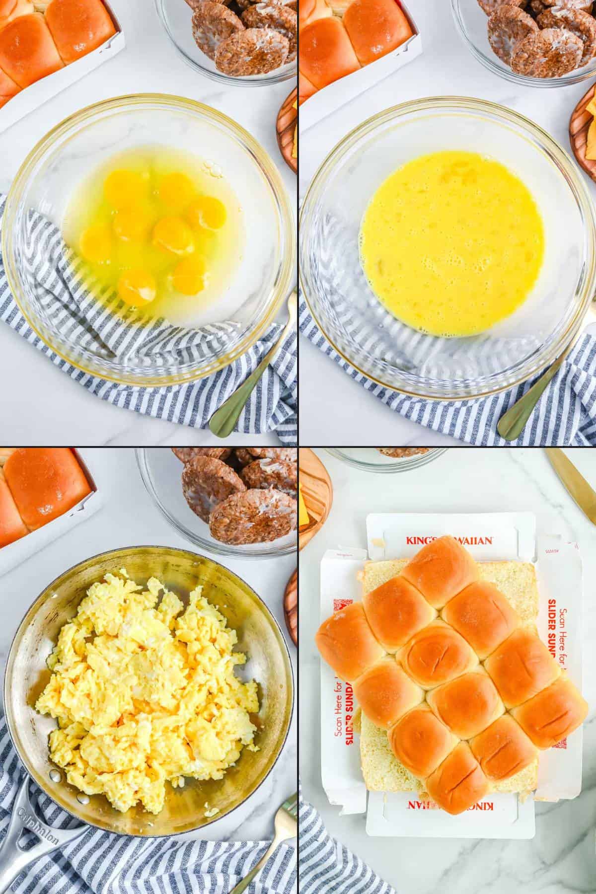 Collage of cooking scrambled eggs and cutting Hawaiian rolls in half horizontally.