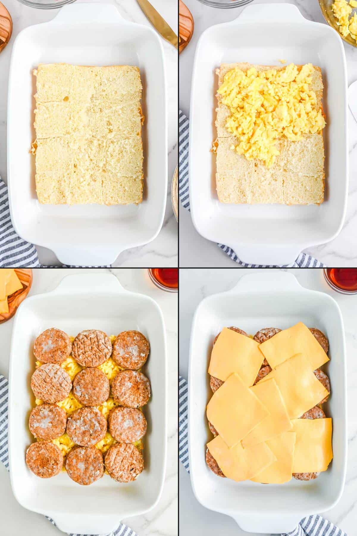 Collage of placing Hawaiian rolls, scrambled eggs, sausage, and cheese in a baking dish.