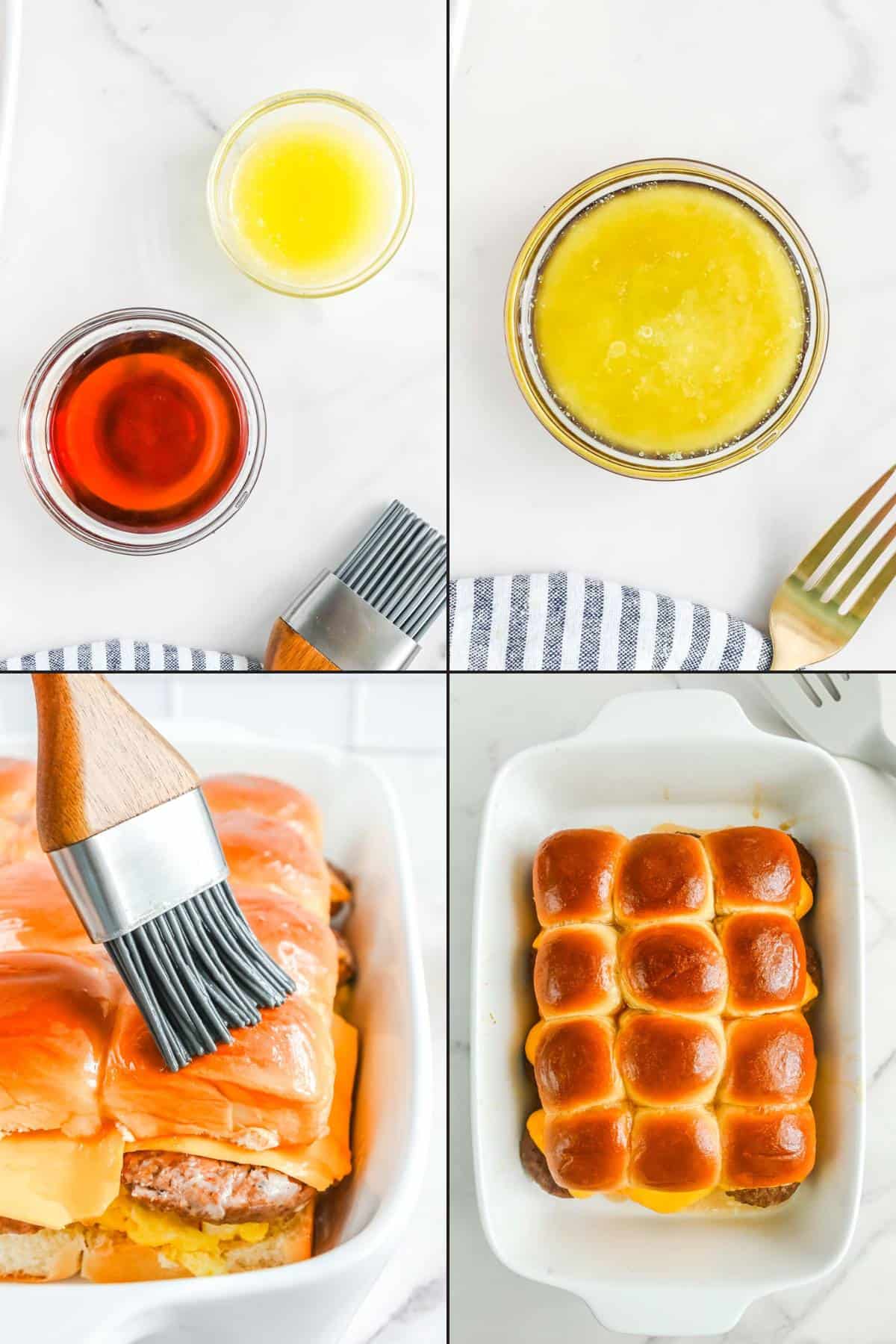 Collage of making maple syrup butter and brushing it on Hawaiian roll breakfast sliders.