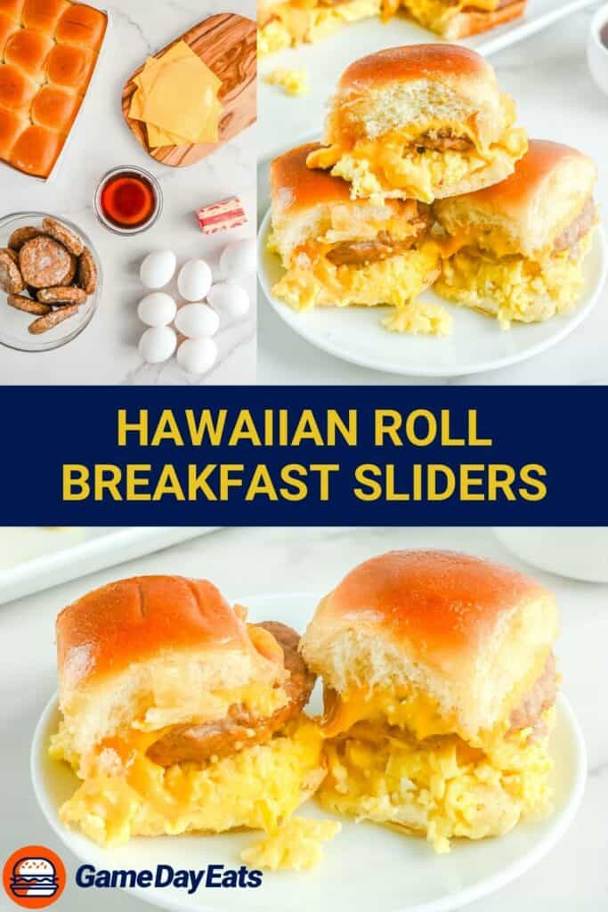 Hawaiian roll breakfast sliders ingredients and the sliders on a plate.