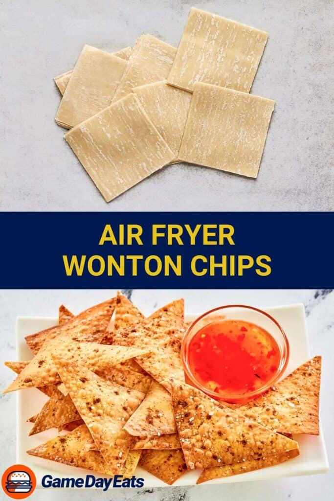 Air fryer wonton chips ingredients and the air fried chips on a platter.