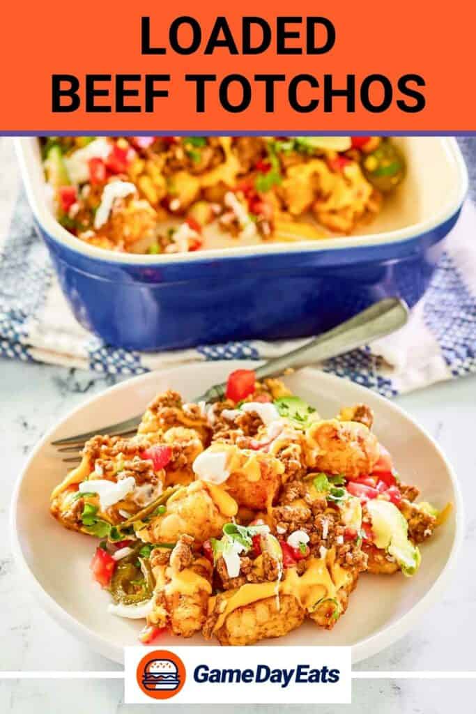 Beef totchos on a plate and in a baking dish.