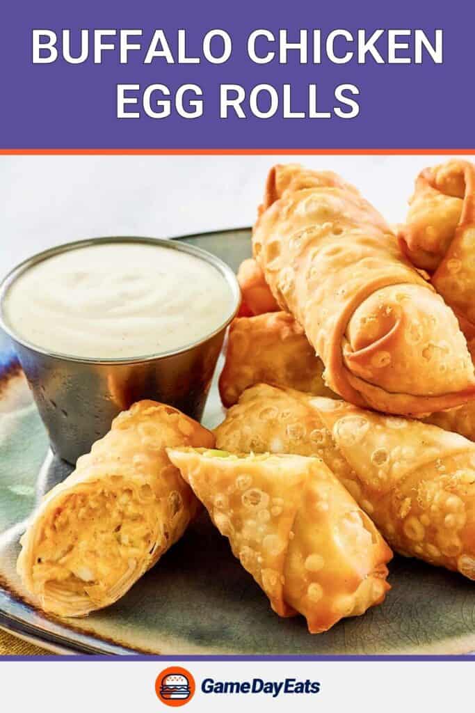 Buffalo chicken egg rolls and dipping sauce in a small metal cup on a plate.