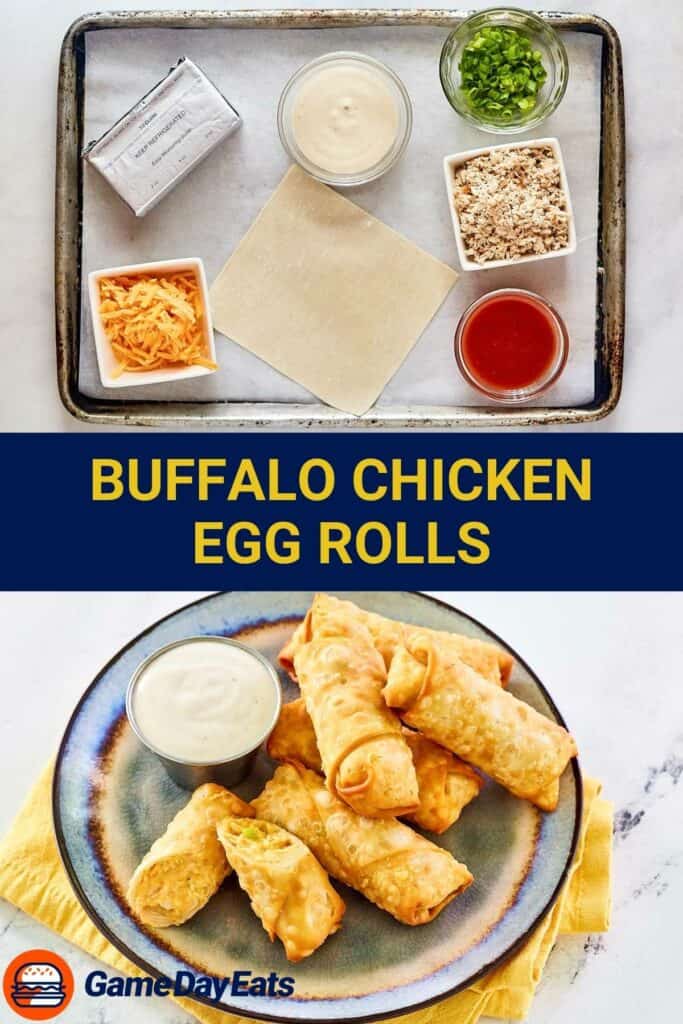 Buffalo chicken egg rolls ingredients and the fried egg rolls on a plate.