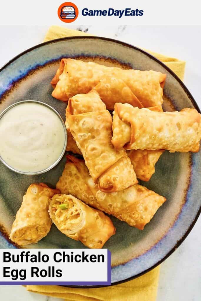 Buffalo chicken egg rolls and a small cup of dipping sauce on a plate.