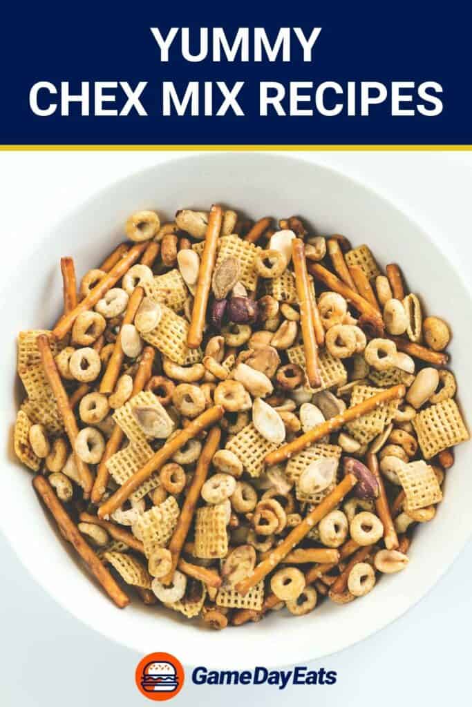 Homemade Chex mix with pretzel sticks and Cheerios.