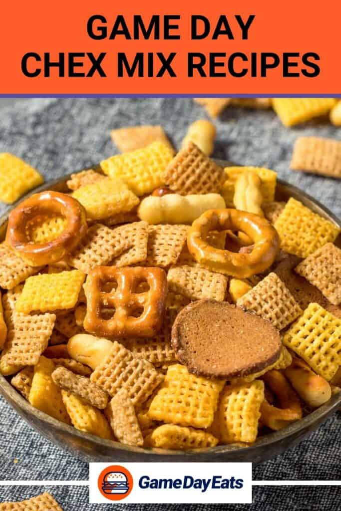 A bowl of homemade Chex mix with pretzels and crackers.