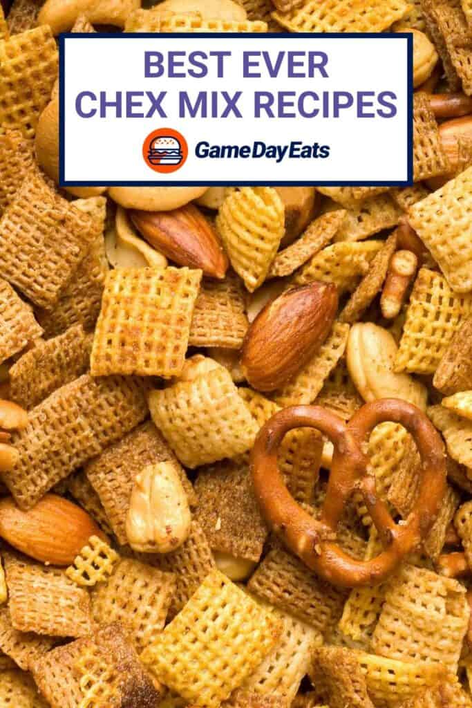 Homemade Chex mix with pretzels and nuts.
