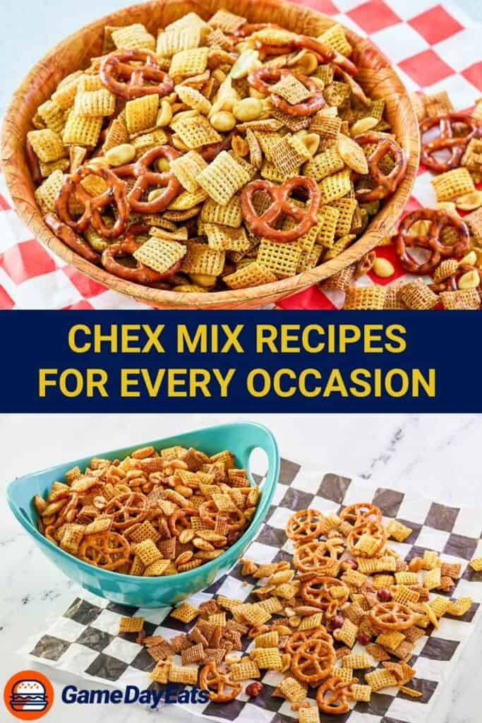 Bowls of homemade Chex mix.