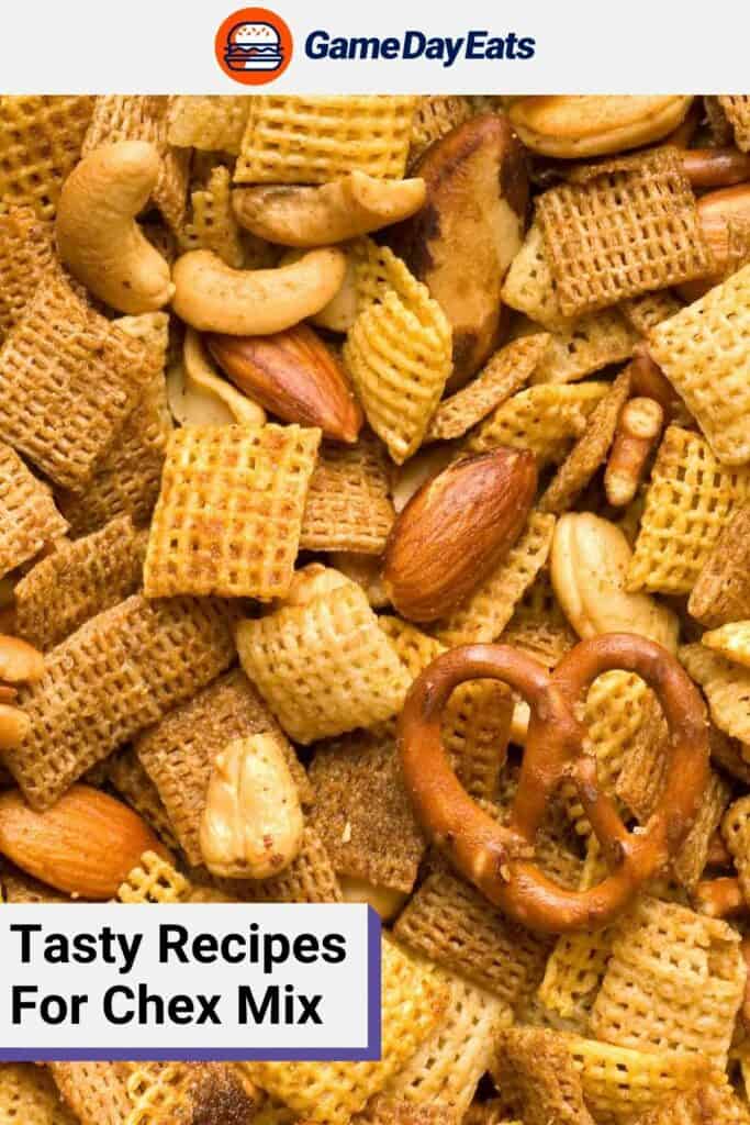 Homemade Chex mix with nuts and pretzels.