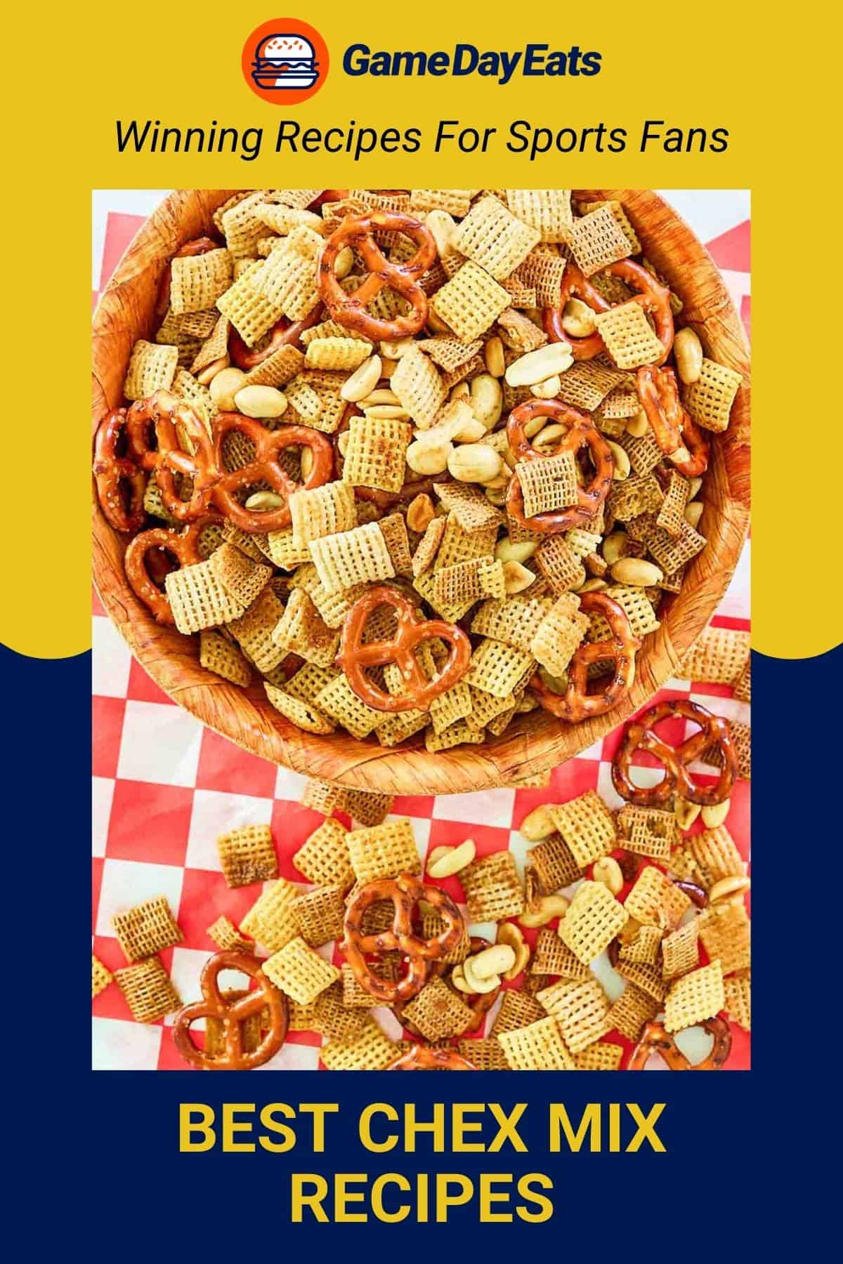 Chex mix in a wood bowl and scattered on parchment paper.