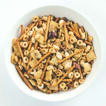 A bowl of Chex mix.