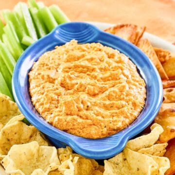 Hooters Buffalo chicken dip with crackers, chips, and celery around it.