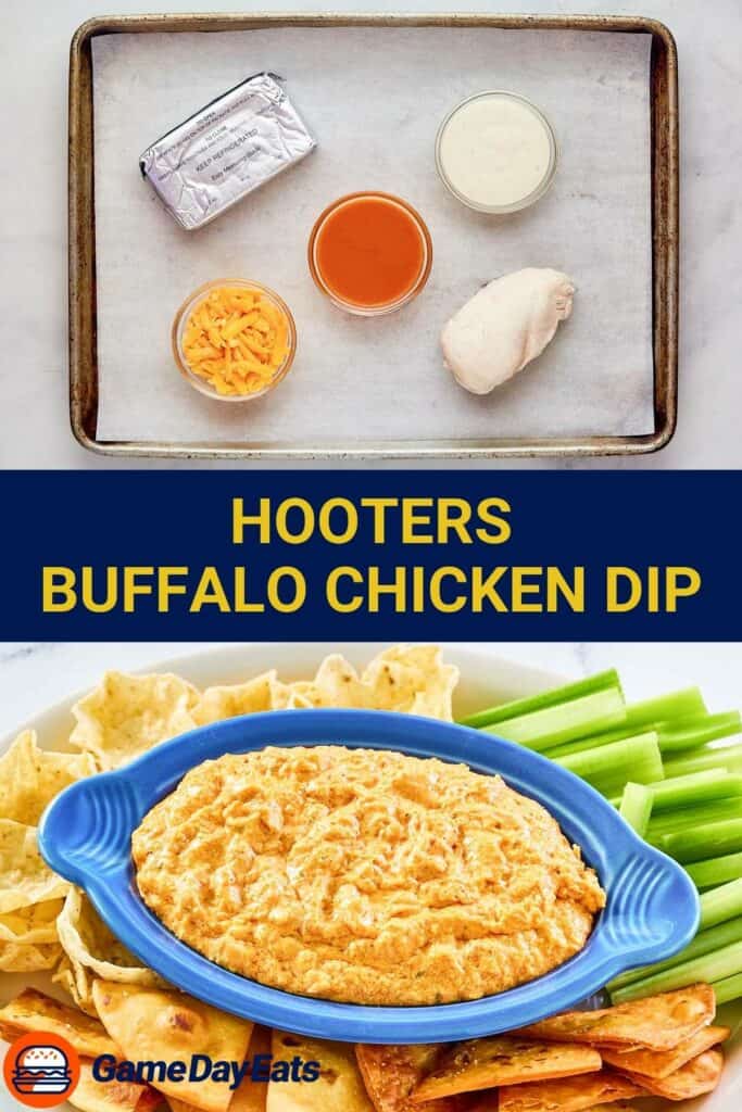 Copycat Hooters Buffalo chicken dip ingredients and the finished dish.