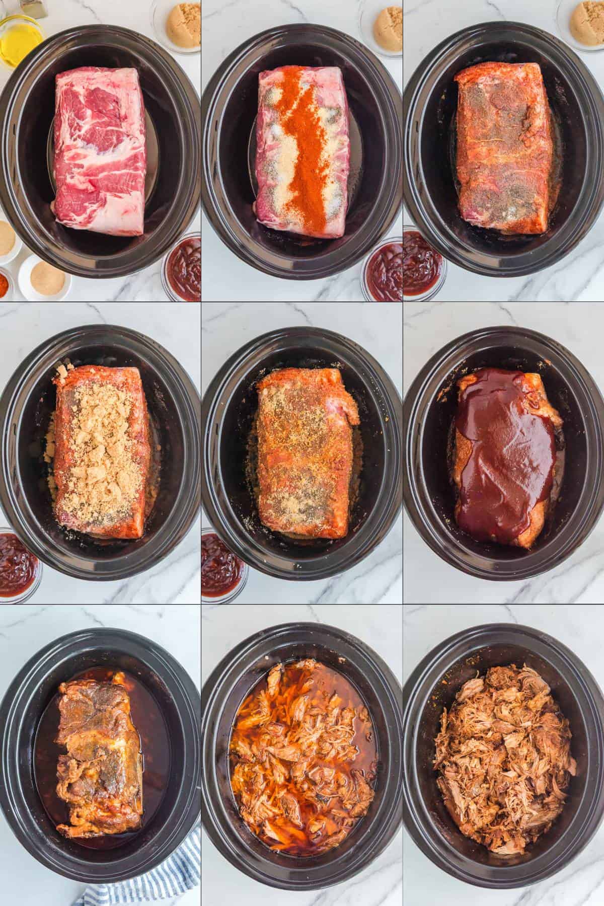 Collage of making BBQ pulled pork in a slow cooker.