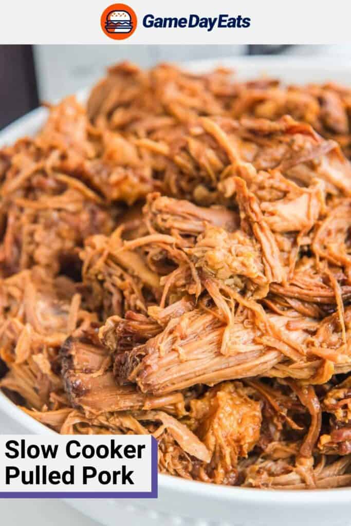 Slow cooker pulled pork in a bowl.