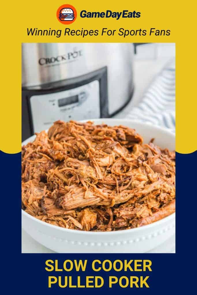 A bowl of slow cooker pulled pork in front of a Crockpot.