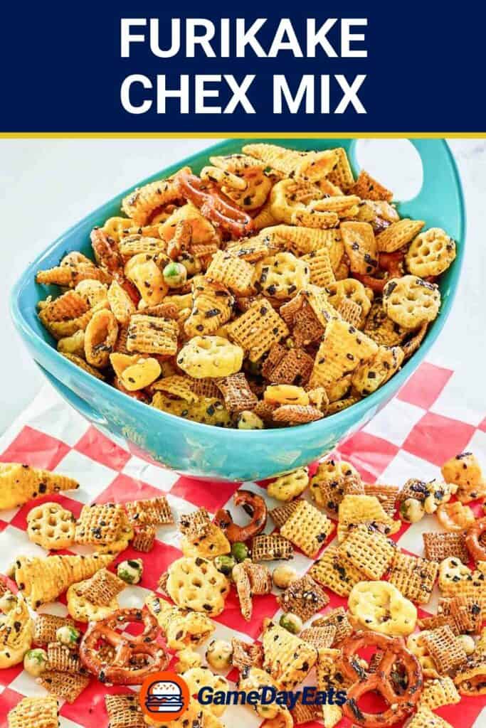 Homemade Furikake Chex Mix on parchment paper and in a small bowl.