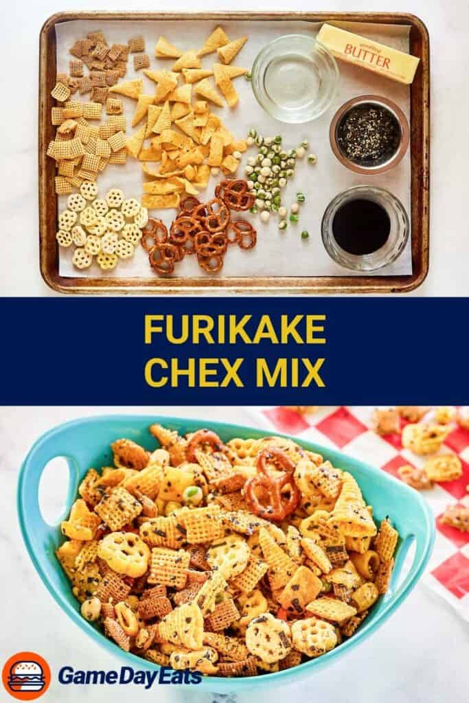 Homemade Furikake Chex Mix ingredients and the finished mix in a bowl.