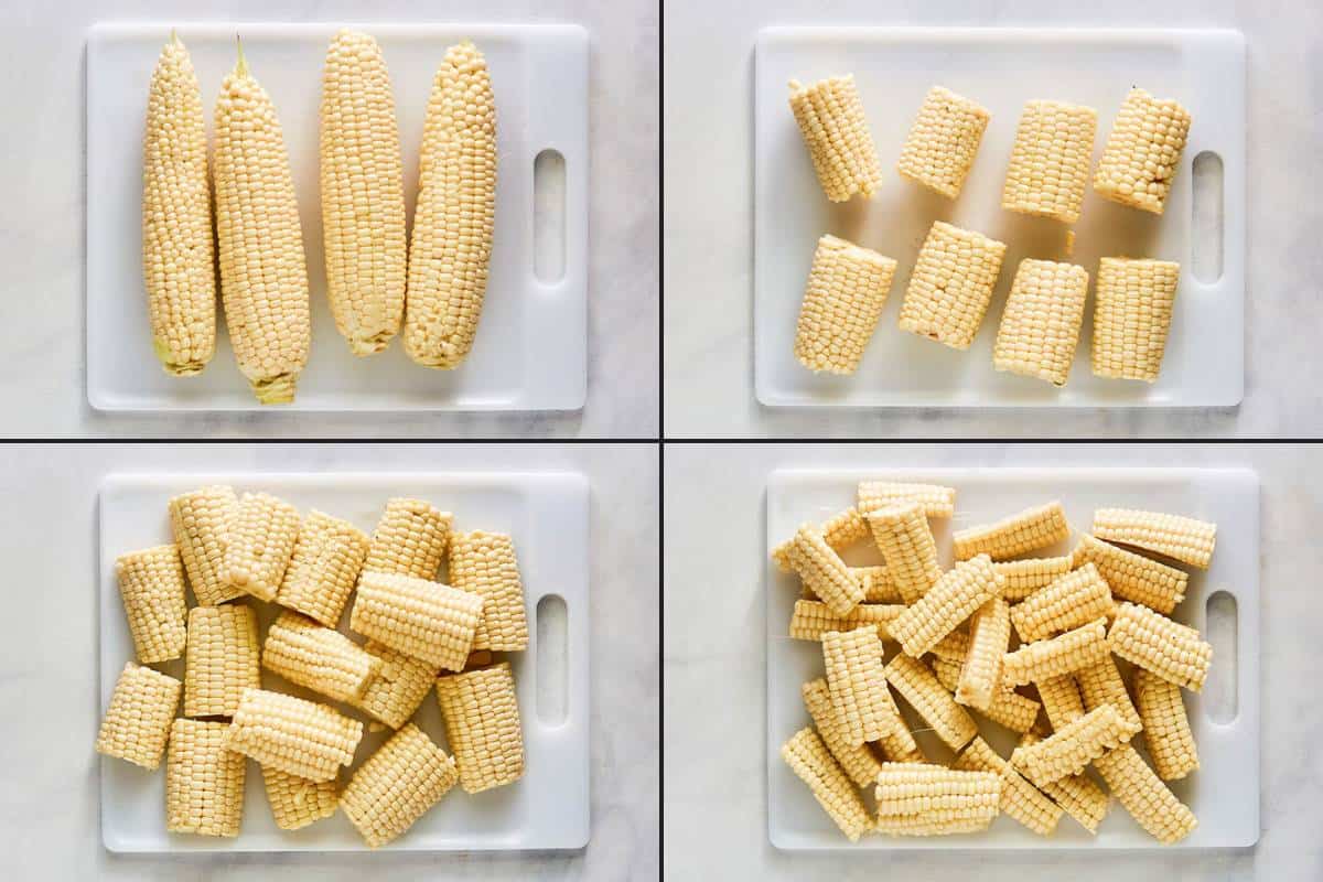 Collage of cutting corn on the cob to make corn ribs.