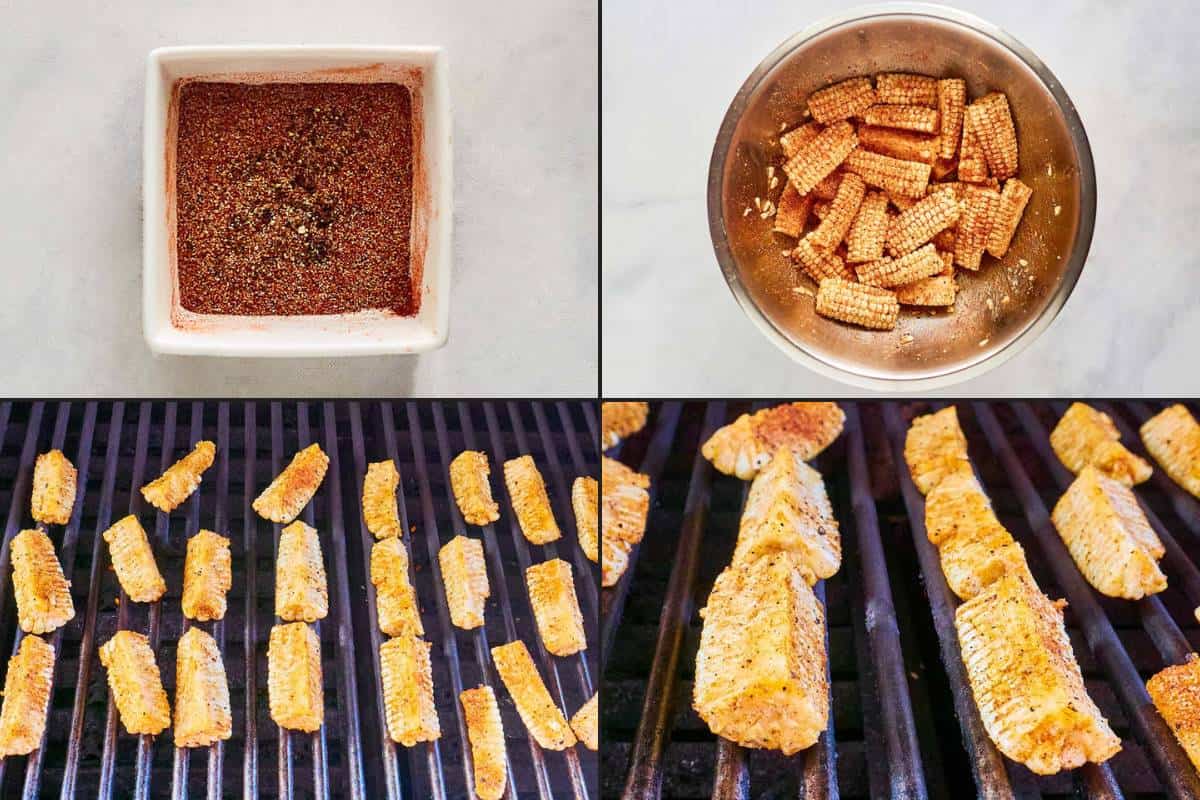 Collage of seasoning and grilling corn ribs.