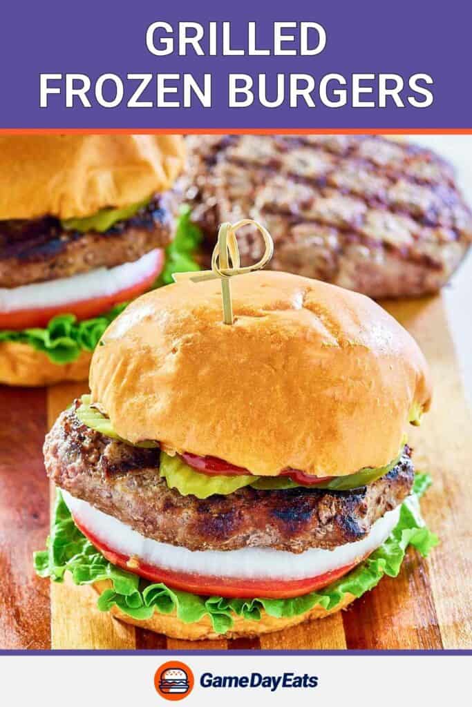 Hamburger made with a grilled frozen burger patty.