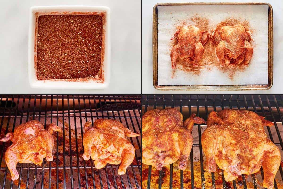 Collage of seasoning and smoking cornish hens.