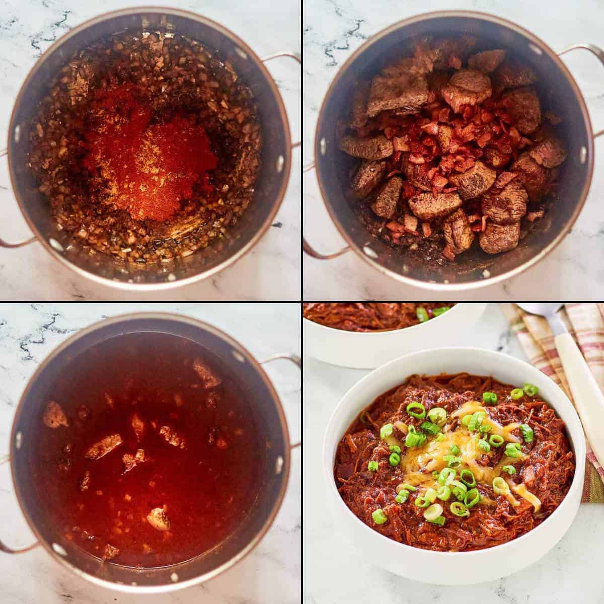Collage of making brisket chili and the finished chili in a bowl.