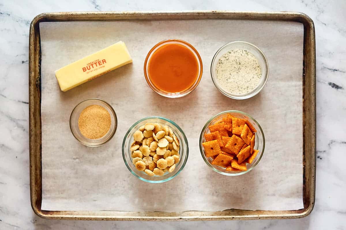 Buffalo ranch crackers ingredients on a tray.