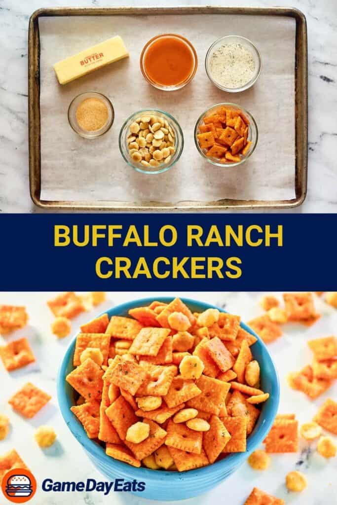 Buffalo ranch crackers ingredients and a bowl of the crackers.