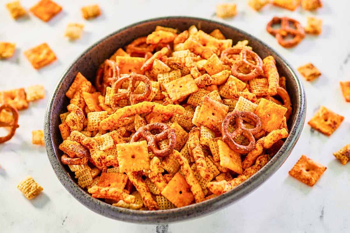 Homemade Cheddar Chex Mix in a large serving bowl.