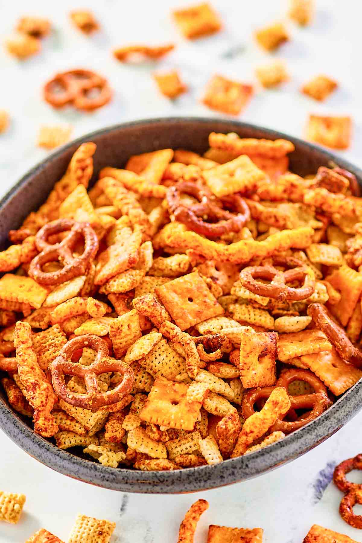 A bowl of homemade Cheddar Chex Mix.