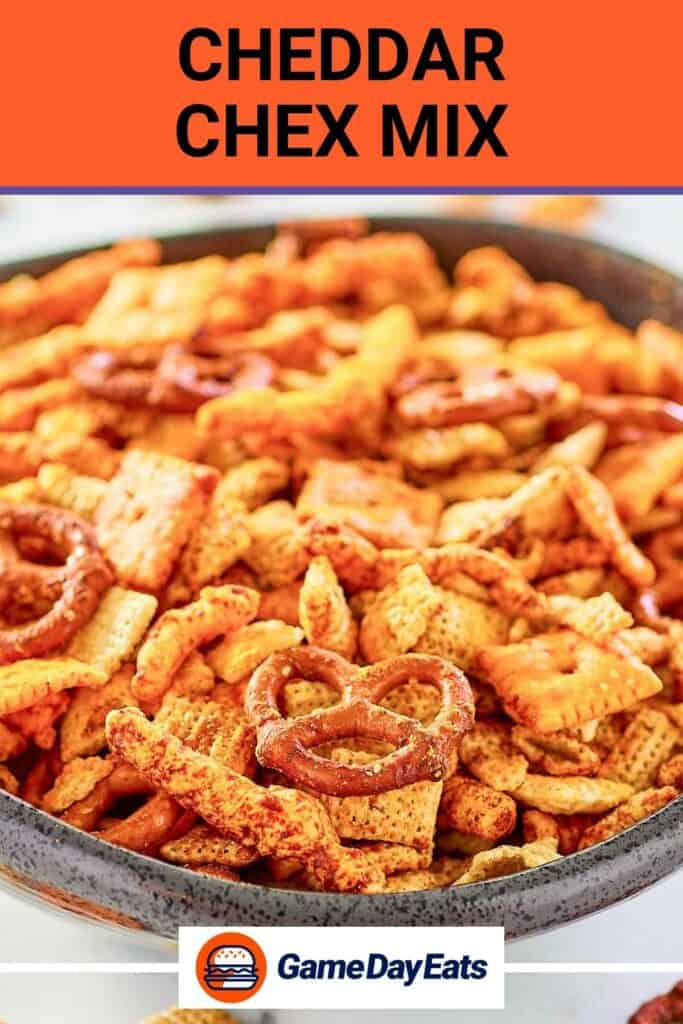 Cheddar Chex mix in a big bowl.