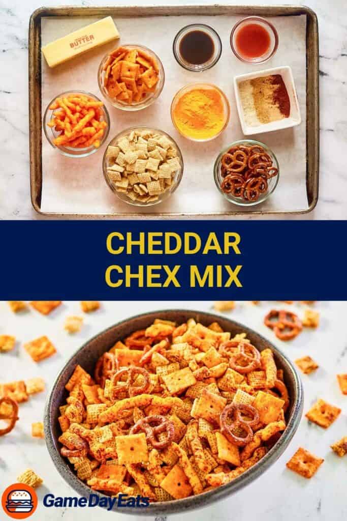 Cheddar Chex mix ingredients and a bowl of the mix.